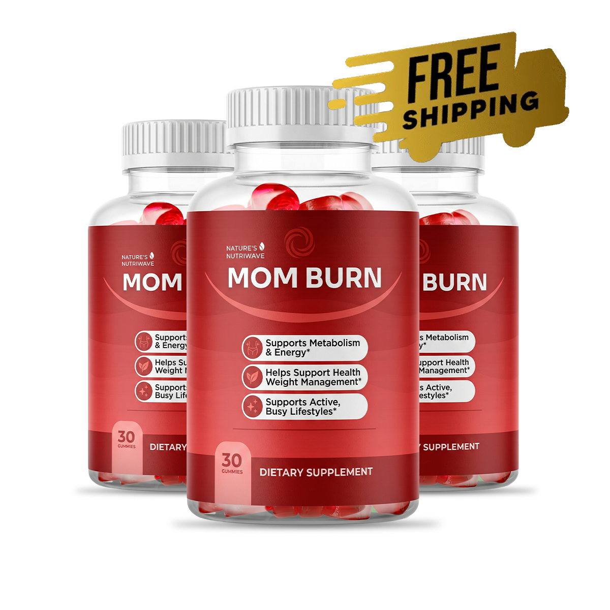 Three bottles of MomBurn metabolism and energy support gummys